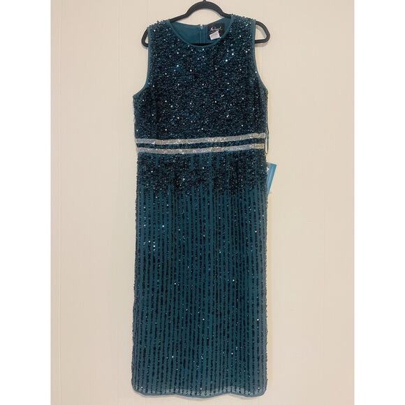 MAC DUGGAL SLEEVELESS HIGH NECK BEADED MIDI SHEATH DRESS DEEP EMERALD SZ 14 NWT - Picture 4 of 7